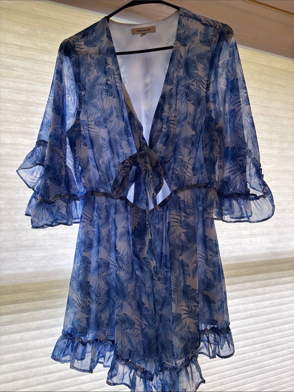 Francesca's Collections Blue Sheer Leaf-Print Tie-Front Dress